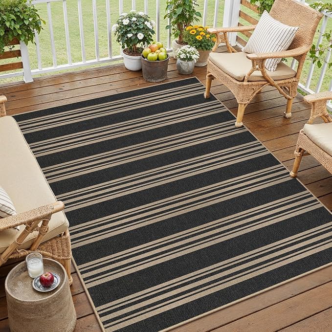 PureCozy Outdoor Rug 3x5 Washable Striped Jute Look Non Slip Carpet | Black and Tan Stripe Farmhouse Design, Indoor Outdoor Rug for Entryway Kitchen Bathroom Bedroom, Non Shedding, Neutral Decor