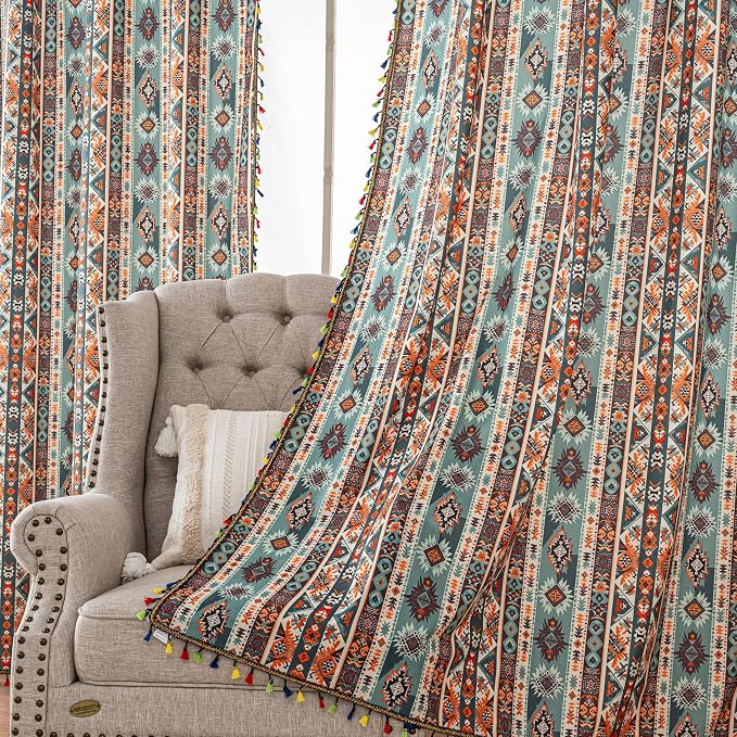 Teal Orange Geometric Curtains 72 Inches Long, Boho Farmhouse Light Filtering Rod Pocket Drapes with Tassel Trim for Bedroom Living Room, 2 Panels