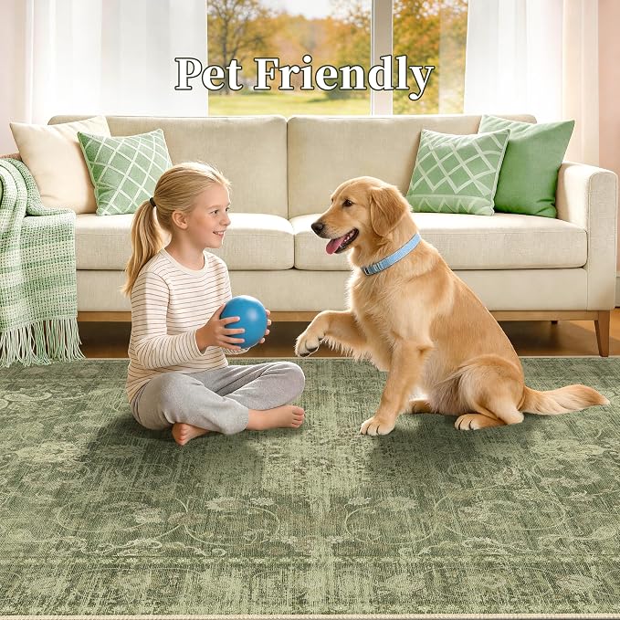Living Room Rugs 8x10, Vintage Carpet for Bedroom, Sage Green | Medallion Rug for Dining Room Washable Low Pile Rug with Non-Slip Silicone Backing, Non-Shedding Stain Resistant