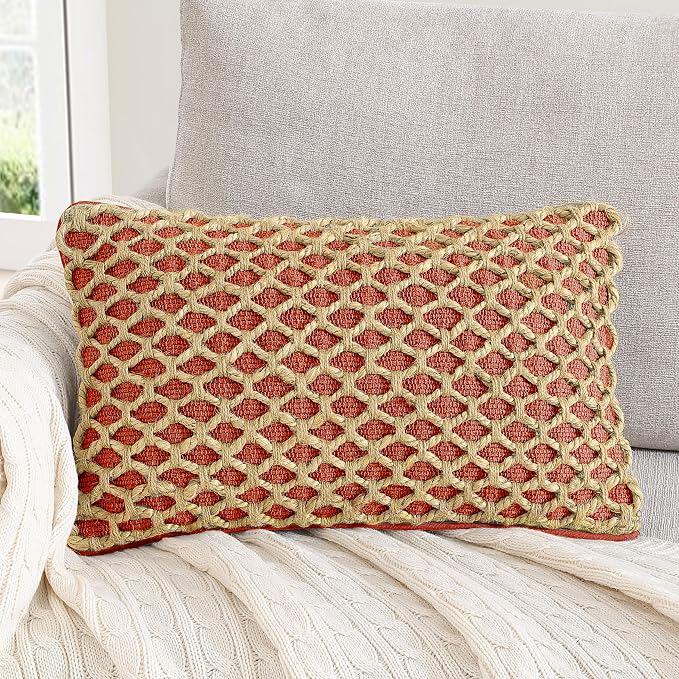 Boho Living Jada Premium Woven Design, Decorative Throw, Living Room Décor, (1) 12" x 20" Pillow Cover, Rust