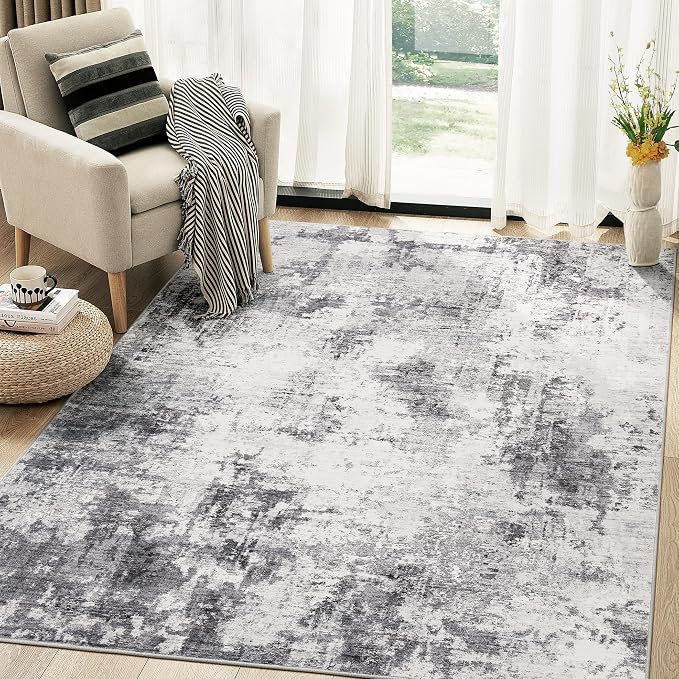 Abstract 6x9 Area Rug: Machine Washable Non Slip Ultra Thin Low-Pile Carpet, Soft Stain Resistant for Living Room Bedroom Nursery, Kid Pet Friendly, Robot Vacuum Compatible - Grey