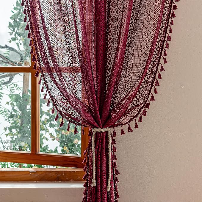 Sutuo Home Burgundy Boho Lace Curtains 96 inches long for Living Room Laundry Room, Semi Sheer Curtains Farmhouse Privacy Crochet Vintage Chic Tassels Rustic Rod Pocket Christmas Decor, 2 Panels 50" W
