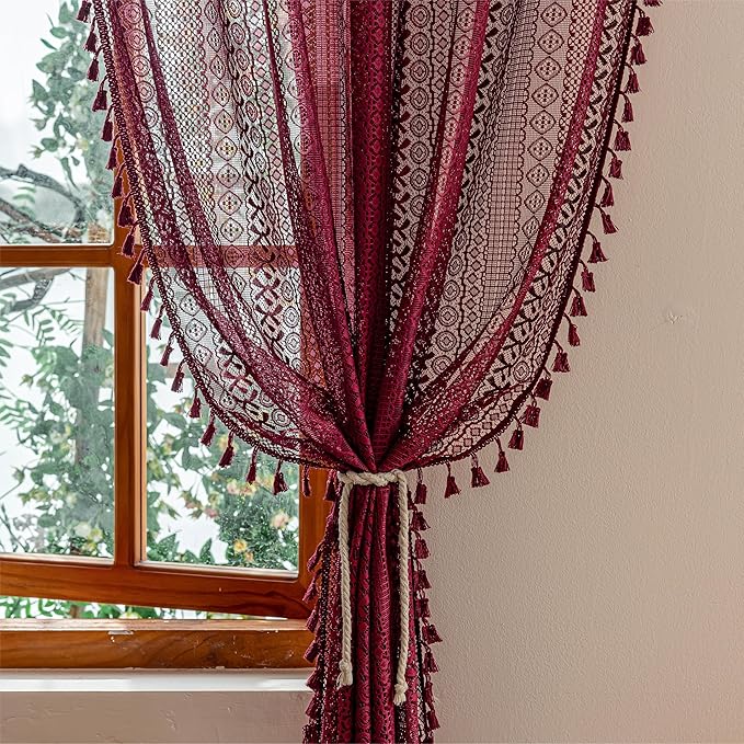 Sutuo Home Burgundy Boho Lace Curtains 72 inch Lengh for Nursery Bedroom Bathroom, Red Semi Sheer Curtains Privacy Crochet Vintage Tassels Bohemian Drapes Window Treatments Rod Pocket, 2 Panels 50" W