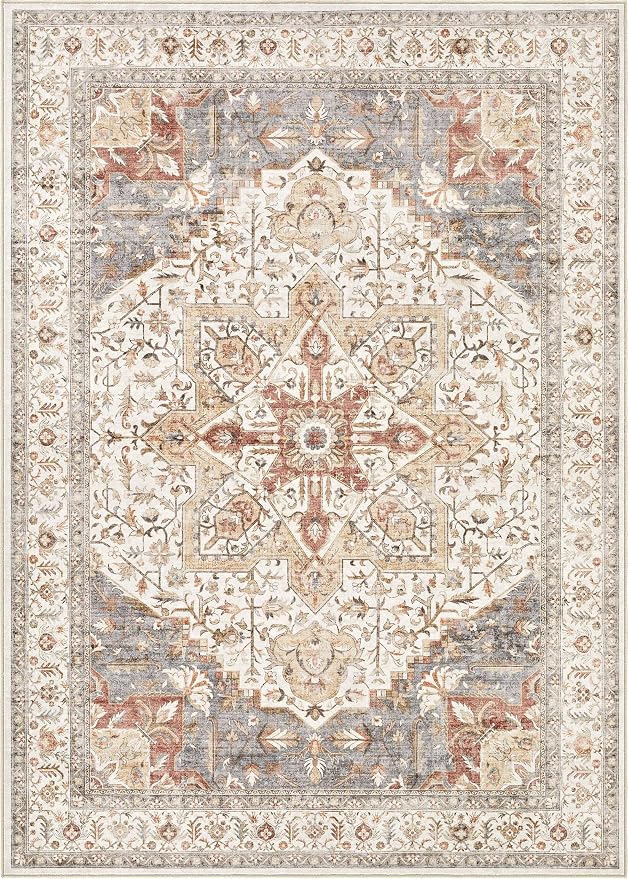 Tortania Area Rug Living Room Rugs - 8x10 Washable Boho Rug Vintage Oriental Distressed Farmhouse Large Thin Indoor Carpet for Living Room Bedroom Under Dining Table Home Office - Orange Multi