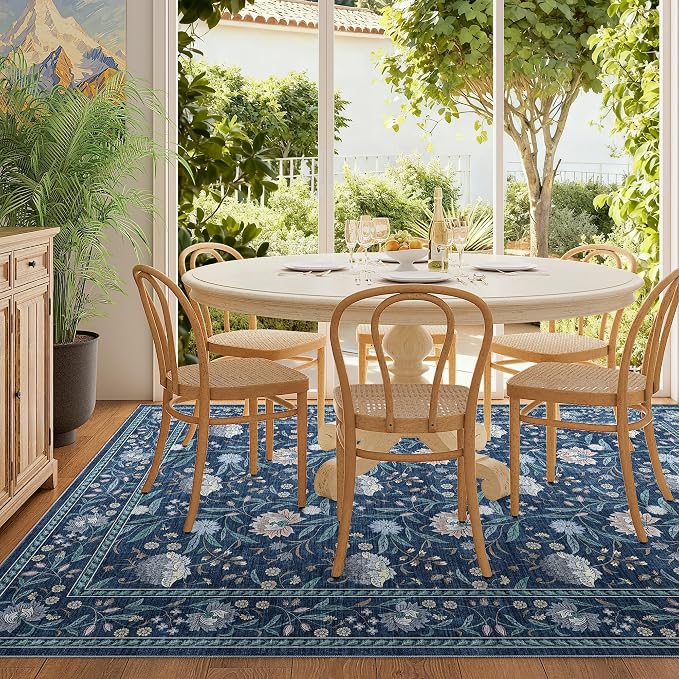 DUKINO 4x6 Area Rug, Washable Vintage Floral Rug for Living Room, Dark Blue | Non Slip, Low Pile, Stain Resistant Boho Lightweight Soft Indoor Carpet for Bedroom Office Dining Room Entryway Farmhouse