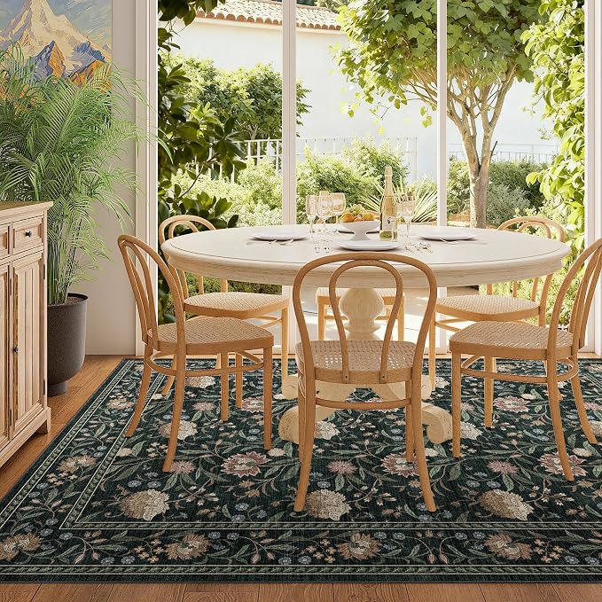 DUKINO 5x7 Area Rug, Vintage Floral Washable Rug for Living Room Dark Green | Non Slip, Low Pile, Non-Shedding, Stain Resistant Lightweight Boho Soft Carpet for Bedroom Home Office Dining Room Farmhouse