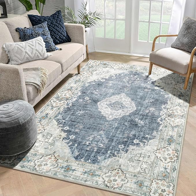 MUJOO 5'x7' Area Rugs Washable Boho Rug Non Slip Low-Pile Floral Large | Machine Washable Throw Carpet for Bedroom Living Room Dining Room Soft Floor Indoor Abstract Flowers Blue and Grey