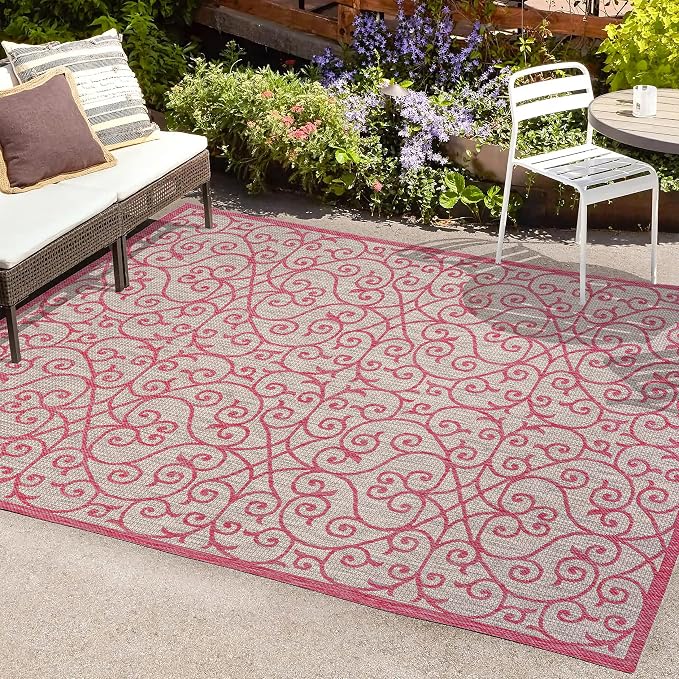 JONATHAN Y Vintage Filigree Indoor Outdoor Area Rug 5X8 Light Gray/Fuchsia, Madrid Textured Weave for Backyard, Patio, Porch, Easy-Cleaning, High Traffic, Pet-Friendly, Non-Shedding (SMB107I-5)