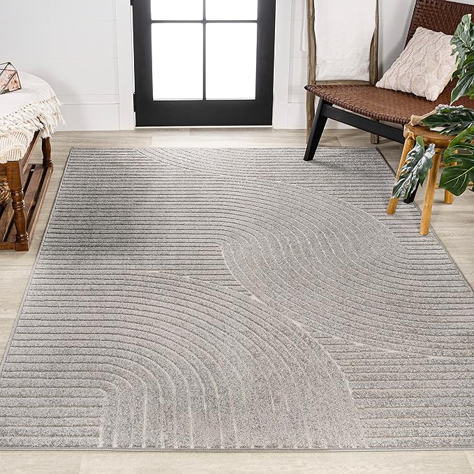 JONATHAN Y Hallie High-Low Curve Gray/Ivory Indoor/Outdoor Area Rug, 10x13, Minimalist, Pet Friendly, Non-Shedding, Stain Resistant, Hose-Washable for Backyard, Patio, Porch (SCN100A-13)