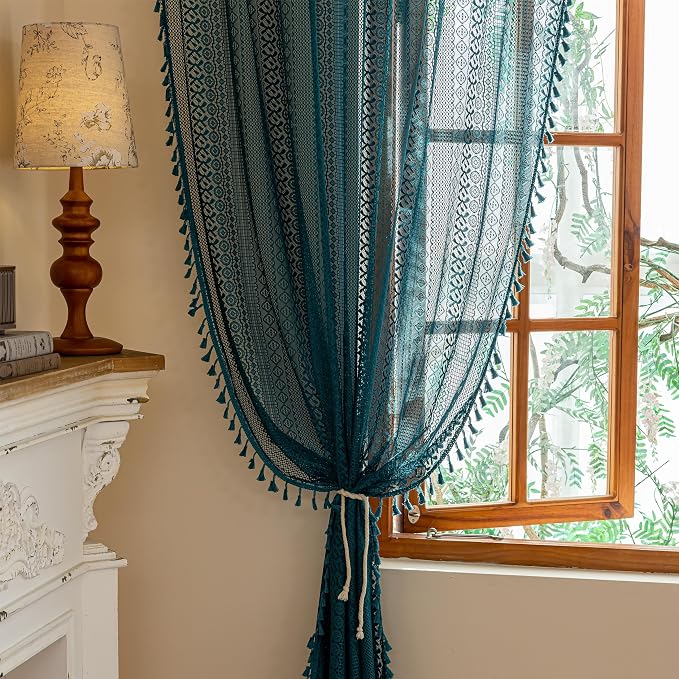 Sutuo Home Boho Curtains 2 Panels for Kitchen Nursery,Turquoise Lace Curtains Semi Sheer Crochet Vintage Hollow Country Tassels Bohemian Drape Privacy Window Treatments Rod Pocket, 50" x 63" Teal
