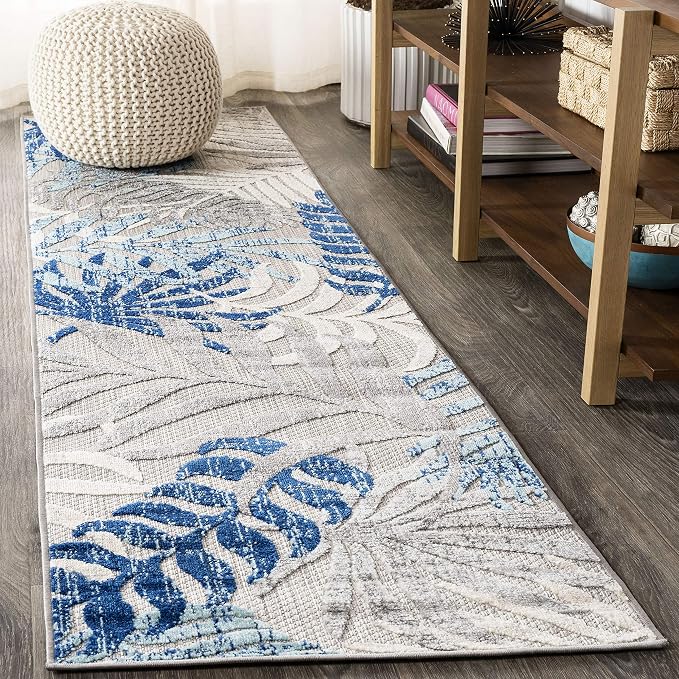 JONATHAN Y Tropics Palm Leaves Indoor Outdoor Runner Rug 2X8 Gray/Blue | Ships Rolled, Durable Flat Weave, Lays Flat for Backyard, Patio, Porch, Easy-Cleaning, High Traffic,Pet-Friendly,Non-Shedding