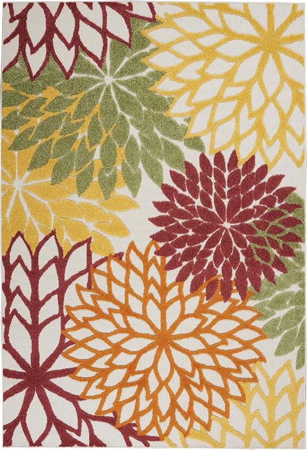 Nourison Home Aloha Indoor/Outdoor Red Multi Colored 3'6" x 5'6" Area Rug, Tropical, Botanical, Easy Cleaning, Non Shedding, Bed Room, Living Room, Dining Room, Deck, Backyard, Patio (3x5)