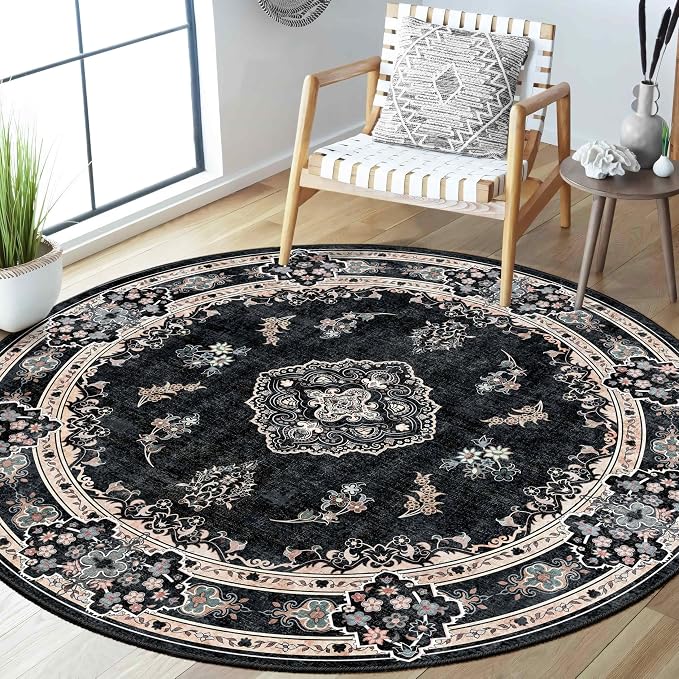 MUJOO Black Round Rug 5ft,Circle Washable Area Rug Non Slip Low-Pile Floral | Circular Rugs for Bedroom Living Room Dining Room Bathroom Boho Throw Carpet Soft Floor Indoor Vintage Bohemian Flowers
