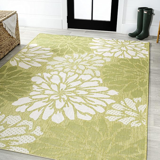 JONATHAN Y Floral Textured Weave Indoor Outdoor Area Rug 8X10 Green/Cream, Zinnia Modern for Backyard, Patio, Porch, Easy-Cleaning, High Traffic, Pet-Friendly, Non-Shedding (SMB110H-8)