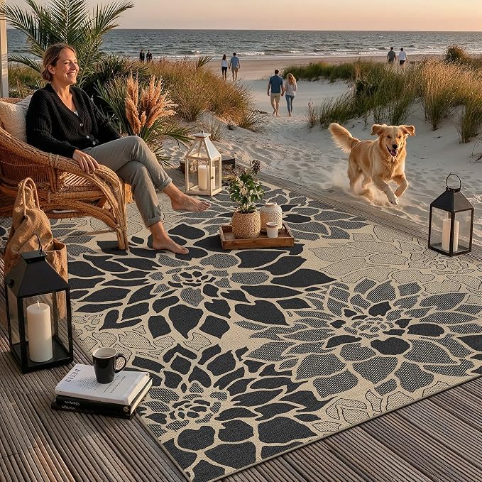 PureCozy 6x9 Easy Jute Outdoor Rug Black Floral Textured Indoor Outdoor Area Rug Farmhouse Patio Carpet for Backyard, Patio, Porch, Easy-Cleaning, High Traffic, Pet-Friendly, Non-Shedding