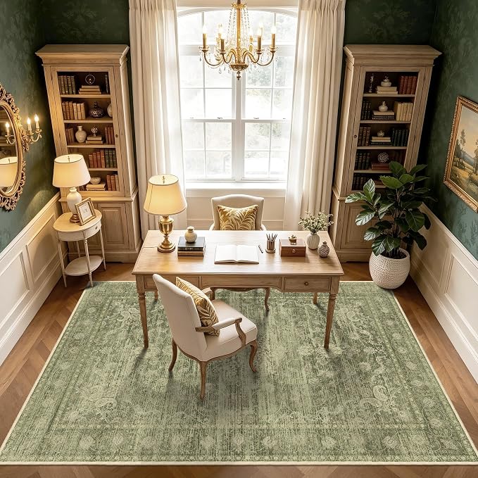 Living Room Rug, Vintage Medallion 6x9 Area Rugs for Dining Room and Bedroom, Washable Low Pile Sage Green Rug with Non-Slip Silicone Backing, Non-Shedding Stain Resistant