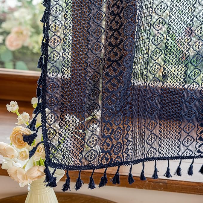 Sutuo Home Navy Blue Boho Curtains Valance 18 Inches Long for Kitchen Cafe, Sheer Lace Short Curtains Bohemian Crochet Privacy Macrame Vintage Tassels Cottagecore Closet Decor Rod Pocket,2 Panels 50"W