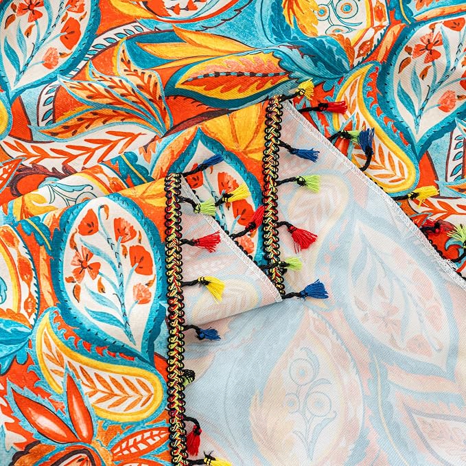 Boho Paisley Curtains 102 Inches Long, Orange Blue Light Filtering Rod Pocket Drapes with Tassel Trim for Bedroom Living Room, 2 Panels