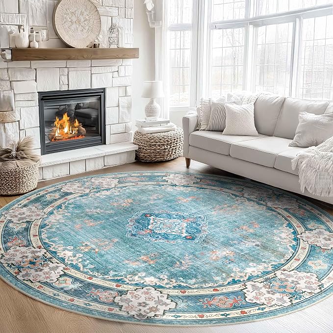 MUJOO Teal Round Rug 9ft,Circle Washable Area Rug Non Slip Floral | Large Circular Rugs for Living Room Bedroom Dining Room Boho Throw Carpet Low-Pile Soft Floor Indoor Flowers Blue Colorful
