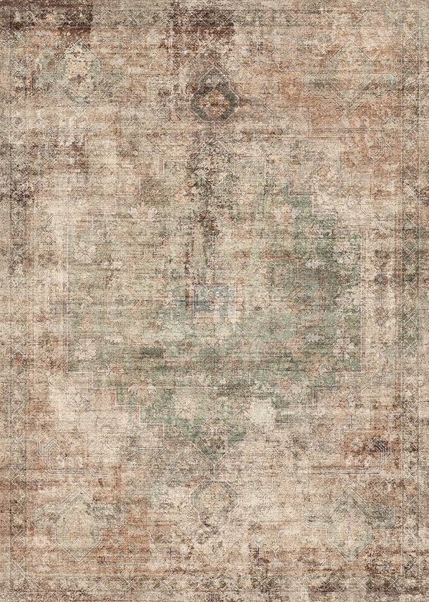 Hazo Haus Vintage Distressed Medallion Area Rug for Living Room – 10x14 Green Brown Extra Large Washable Rug for Bedroom & Dining Room Under Table, Ultra-Thin Soft Non-Slip Lightweight Printed Design