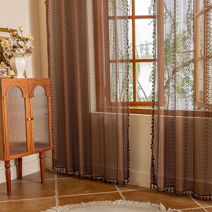 Sutuo Home Boho Lace Sheer Curtains 84 inches long, Bohemian Farmhouse Crochet Privacy Retro Caramel Vintage Tassels Window Curtains for Bedroom&Living Room Decor Rod Pocket,2 Panels 50"W,Dark Coffee