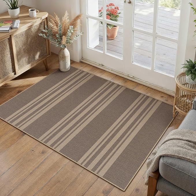 PureCozy Outdoor Rug 2x3 Washable Striped Jute Look Non Slip Mat | Nature Stripe Farmhouse Design, Indoor Outdoor Entryway Door Mat for Kitchen, Mudroom and Bathroom, Non Shedding, Easy Care
