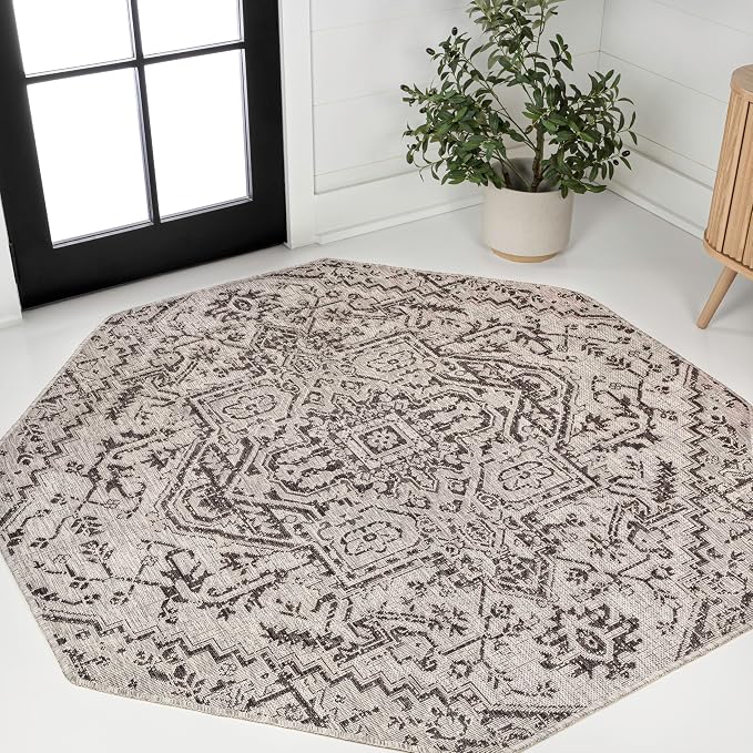 JONATHAN Y Boho Medallion Indoor Outdoor Octagon Area Rug 5 Ft Black/Gray, Estrella Textured Weave for Backyard, Patio, Porch, Easy-Cleaning, High Traffic, Pet-Friendly, Non-Shedding (SMB105D-5TGN)