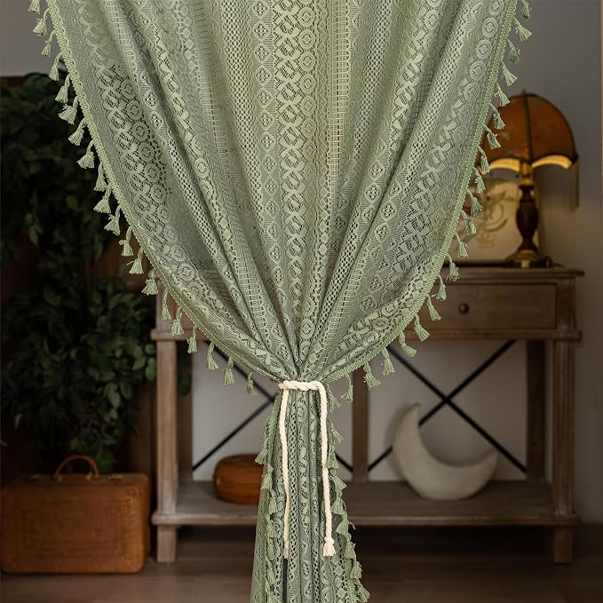 Sutuo Home Olive Green Boho Doorway Curtains for Doorway Closet, Lace Sheer Door Curtains for Front Door Crochet Vintage Tassels Bohemian Privacy Temporary Room Divider Rod Pocket,1 Panel 37" x 80"