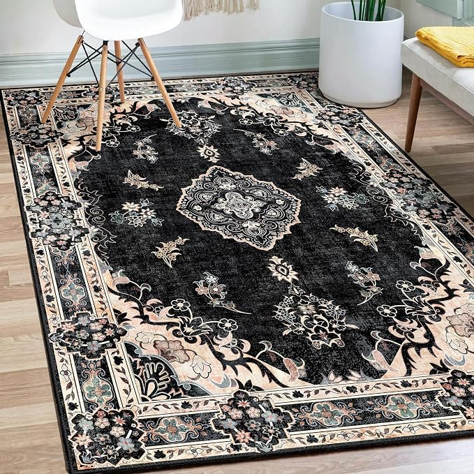 MUJOO Black Rug 3x5 Washable,Boho Area Rugs Small Non Slip Low-Pile Floral | Machine Washable Throw Carpet for Entryway Bedroom Bedside Kitchen Hallway Living Room Soft Indoor Vintage Bohemian Flowers
