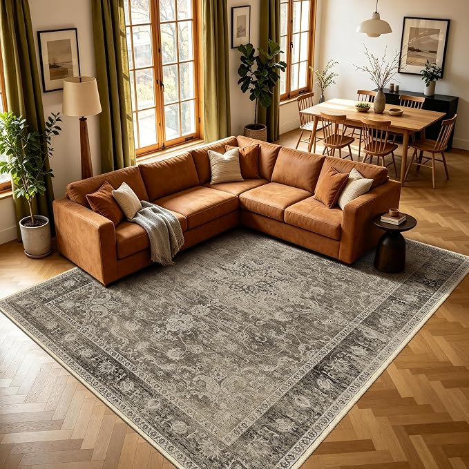 Living Room Rugs 8x10, Vintage Medallion Carpet for Bedroom, Brown | TTelephant Low Pile Indoor Area Rug for Dining Room with Non-Slip Silicone Backing, Non-Shedding Stain Resistant