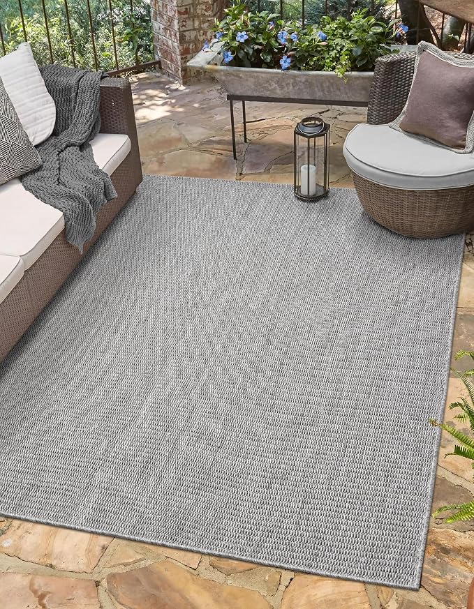 Angela Easy Jute Indoor Outdoor Rug, 6x9 Natural Solid Jute Look, Polyester, Durable & Easy Care Outdoor Farmhouse Carpet for Patio, Porch, Living Room (6' x 9', Gray)
