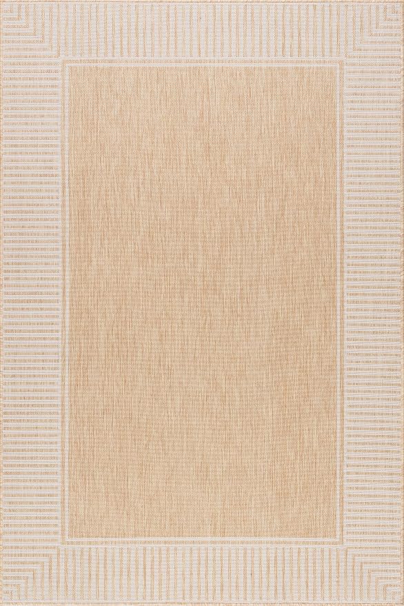 Nuloom Asha Tan/Ivory, 4' x 6', Casual, Striped Border, Soft and Cozy, High Traffic, Easy Clean, Durable Area Rug for Indoor/Outdoor Patio, Deck, Porch, Garden, Courtyard