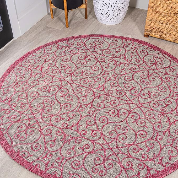 JONATHAN Y Vintage Filigree Indoor Outdoor Round Area Rug 5 Ft Light Gray/Fuchsia, Madrid Textured Weave for Backyard, Patio, Porch, Easy-Cleaning, High Traffic, Pet-Friendly, Non-Shedding SMB107I-5R