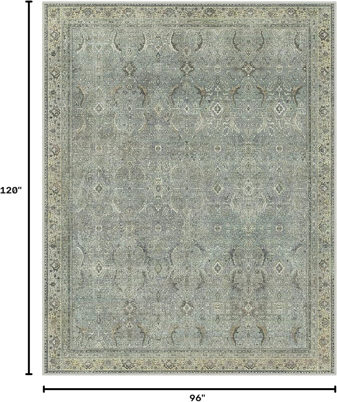 BESBLEE 8X10 Area Rugs Machine Washable Rugs for Living Room, Vintage Boho Large Rugs for Bedroom Dining Room, Non Slip Indoor Soft Distressed Lightweight Thin Low Pile Carpet, Dusty Ocean