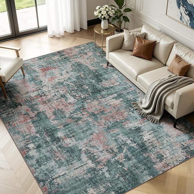 Sasttie 10x14 Soft Area Rug for Living Room, Modern Abstract Washable Large Carpet for Bedroom, with Non-Slip Backing, Pink and Green