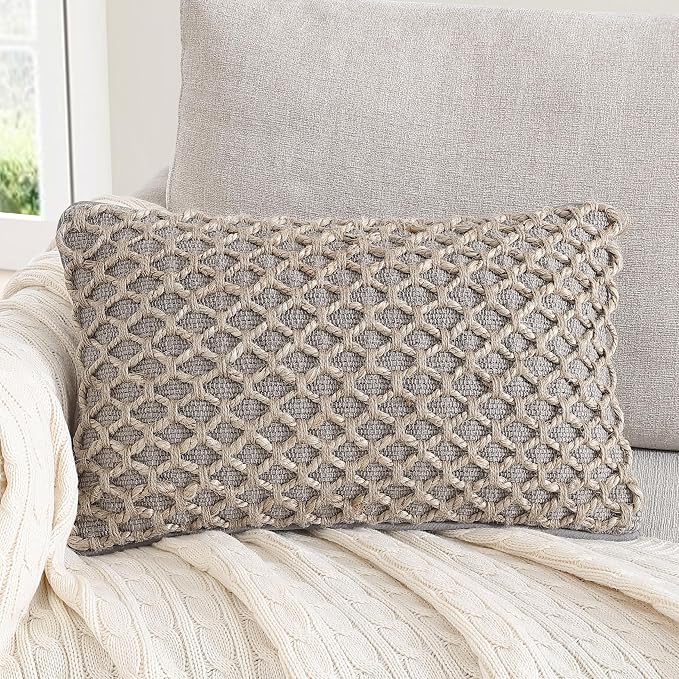 Boho Living Jada Premium Woven Design, Decorative Throw, Living Room Décor, (1) 12" x 20" Pillow Cover, Grey