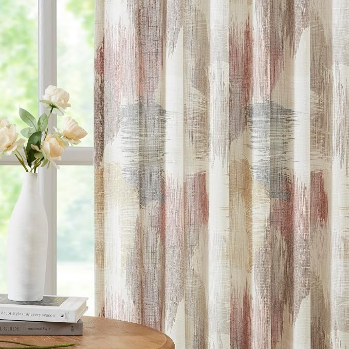 Kayne Studio Red Brown Watercolor Semi Sheer Curtain Panels, Boho Ink Geo Print Light Filtering Farmhouse Drapes for Living Room Bedroom, Back Tab Rod Pocket Window Treatment Set,W52 x L63,2 Panels