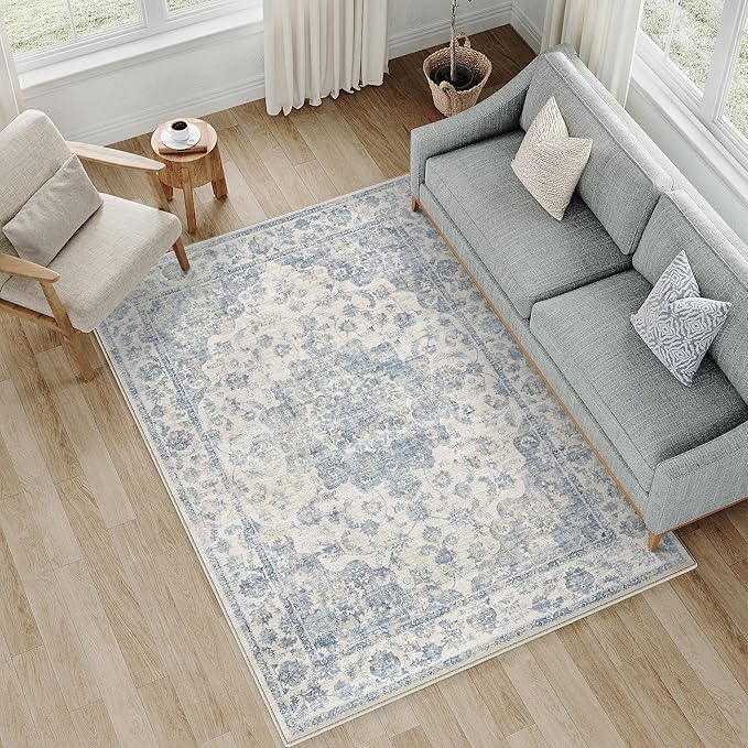 5x7 Blue Neutral Area Rug | Washable, Non Slip, Soft Low Pile, Vintage Farmhouse, for Living Room Bedroom Dining Room Office Indoor Home Decor