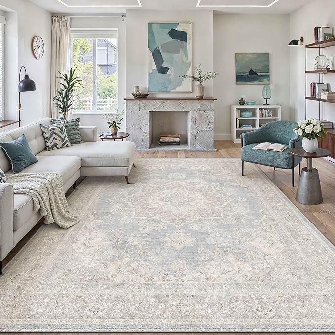 PureCozy 8x10 Area Rug Washable Blue Vintage Oriental Medallion | Non Slip, Soft Low Pile, Indoor Carpet for Living Room, Bedroom, Dining Room, Retro Decor