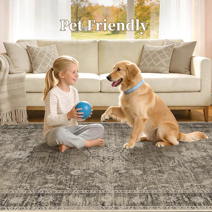 Living Room Rugs 8x10, Vintage Medallion Carpet for Bedroom, Brown | TTelephant Low Pile Indoor Area Rug for Dining Room with Non-Slip Silicone Backing, Non-Shedding Stain Resistant