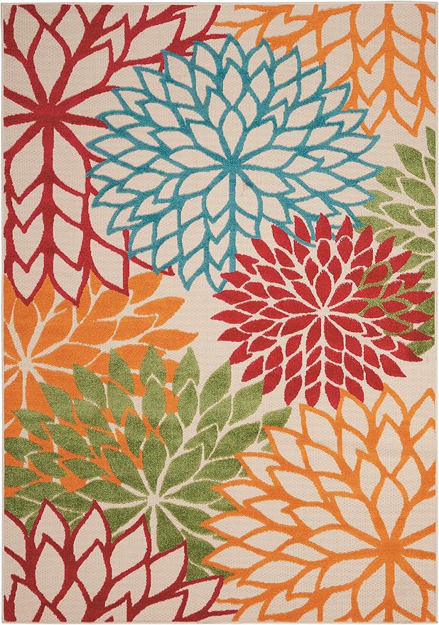 Nourison Home Aloha Indoor/Outdoor Green 5'3" x 7'5" Area Rug, Tropical, Botanical, Easy Clean, Non Shedding, Bed Room, Living Room, Dining Room, Deck, Backyard, Patio (5x7)