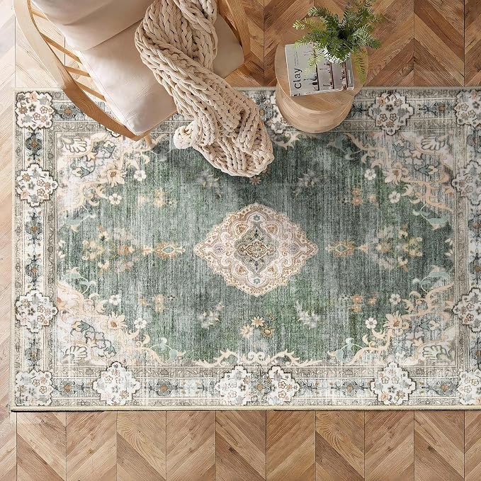 MUJOO Green Rug 3x5 Washable,Boho Area Rugs Small Non Slip Low-Pile Floral | Machine Washable Throw Carpet for Entryway Bedroom Bedside Kitchen Hallway Living Room Soft Indoor Flowers Sage Green