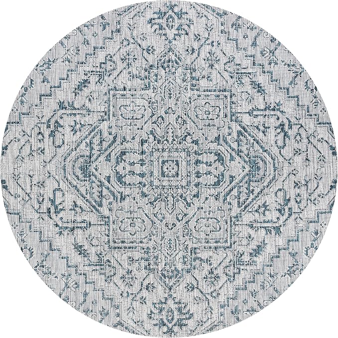 JONATHAN Y Boho Medallion Indoor Outdoor Round Area Rug 4 Ft Teal/Gray, Estrella Textured Weave for Backyard, Patio, Porch, Easy-Cleaning, High Traffic, Pet-Friendly, Non-Shedding (SMB105C-4R)