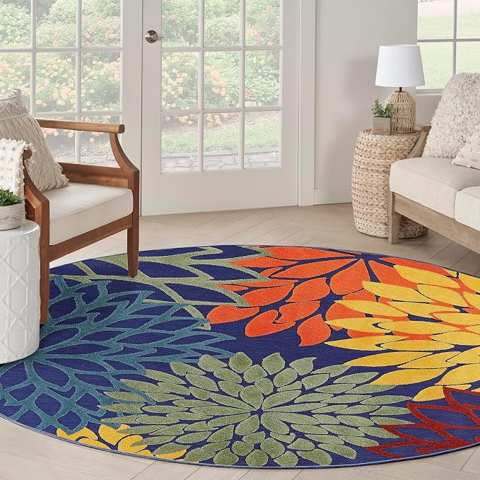 Nourison Home Aloha Navy Multicolor 7'10" x Round Area Rug - Easy Clean, Non Shedding, Bed Room, Living Room, Dining Room, Kitchen (8' x Round)