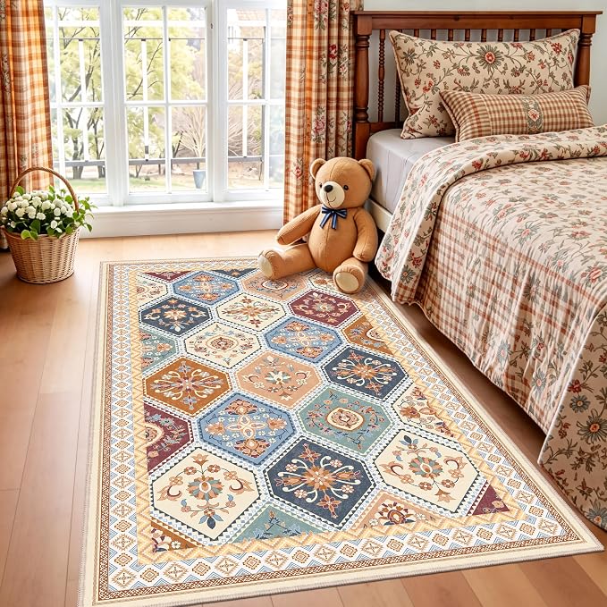 3x5 Washable Rug, Soft Non-Slip Boho Moroccan Rug, Low-Pile Printed Indoor Throw Rugs for Entryway, Kitchen, Bedroom Bedside, Entrance- Multi | Low-Pile Printed Indoor Throw Rugs for Entryway, Kitchen, Bedroom Bedside, Entrance