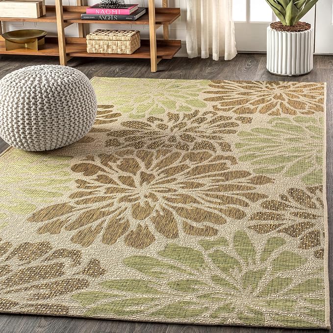 JONATHAN Y Floral Textured Weave Indoor Outdoor Area Rug 4X6 Sage/Brown, Zinnia Modern for Backyard, Patio, Porch, Easy-Cleaning, High Traffic, Pet-Friendly, Non-Shedding (SMB110A-4)
