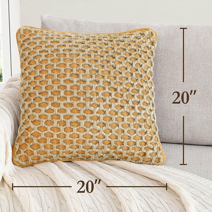 Boho Living Jada Premium Woven Design, Decorative Throw, Living Room Décor, (2) 20" x 20" Pillow Covers, Mustard Yellow 2 Count