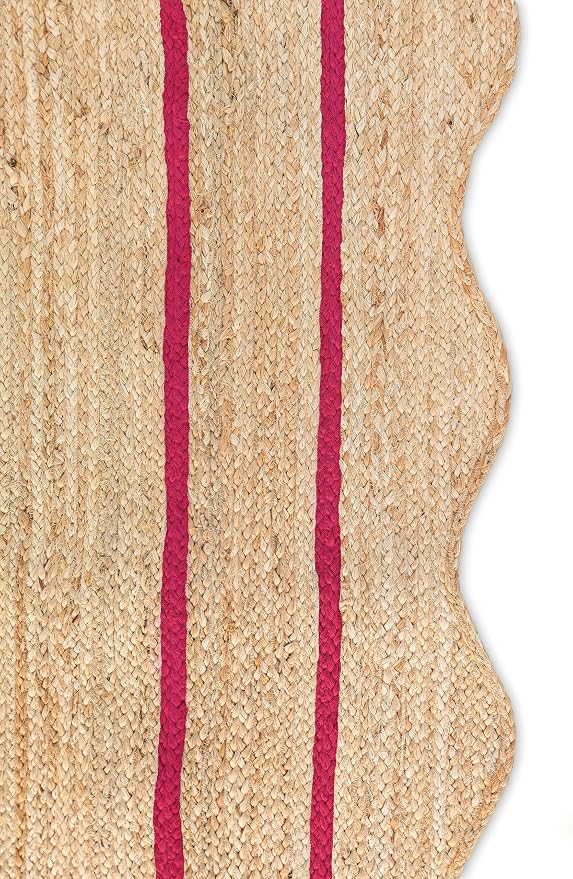 Wave Scalloped Natural Jute Runner, Dark Pink (2'6"x18'): Boho Farmhouse Entryway Scallop Rug
