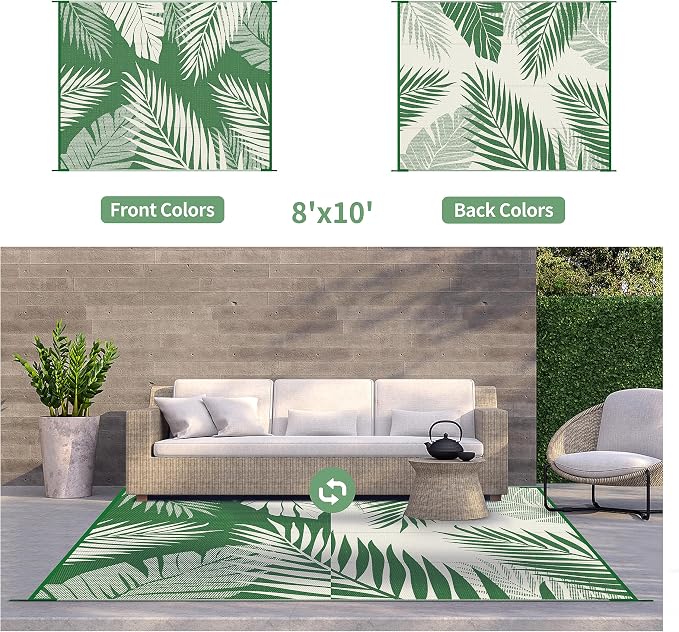 GENIMO Outdoor Rug 8' x 10' Waterproof for Patios Clearance, Reversible Outdoor Plastic Straw Camping Rug Carpet, Large Area Rugs Mats for RV, Picnic, Backyard, Deck, Balcony, Porch, Dark Green&White | Outside Larger Leaf Carpet Mat for Porch Decor, De...