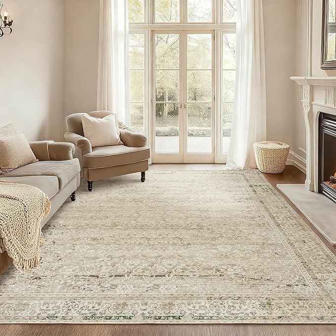 BILEEHOME Cream and Light Tan Rug for Bedroom Neutral Boho Farmhouse Floral Washable Soft Distressed Low Pile Non Slip Area Rugs for Living Room Home Office,5x8